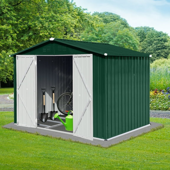 Stunning 6ft x 8ft Metal Garden Shed Durable Outdoor Storage Solution in Elegant Green and White. Perfect for Organizing Tools and Gear While Enhancing Your Garden's Charm!