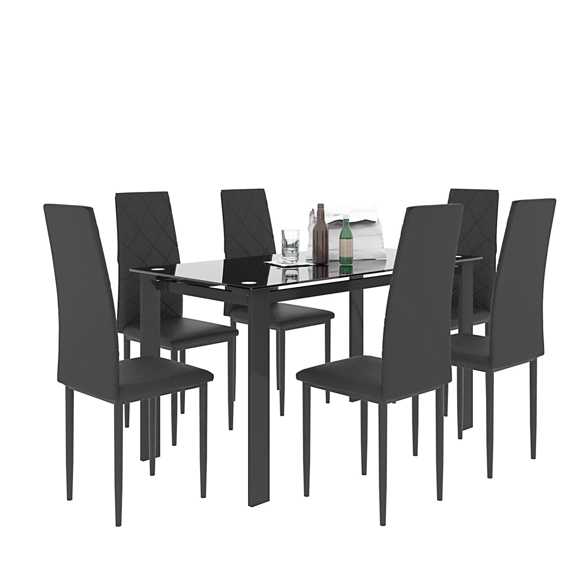 Stunning 7-Piece Diamond Dining Set with Glass Top and Leather Chairs ...