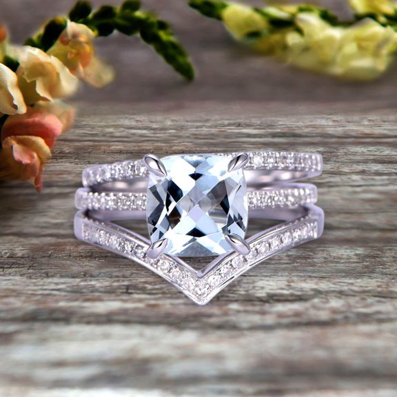 Stunning 7mm Cushion Cut Aquamarine Engagement Ring On 10k White Gold V Shape Wedding Band 3pcs Wedding Ring Set Total Carat Weight 2.80
