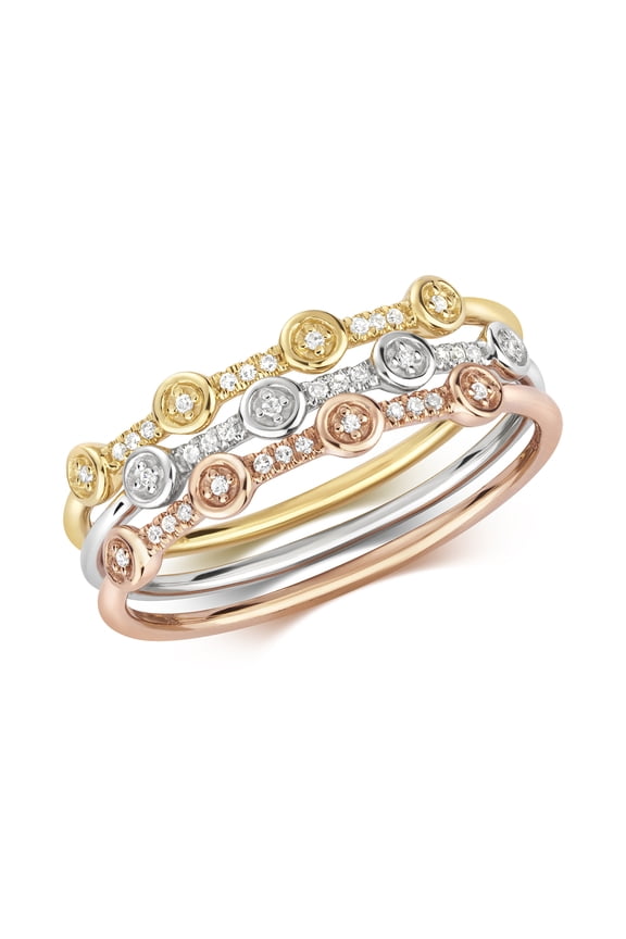 Stunning 9k 3 Colour Gold Women Diamond Stacked Ring Brilliant Cut 0.06 Carat H - I1
