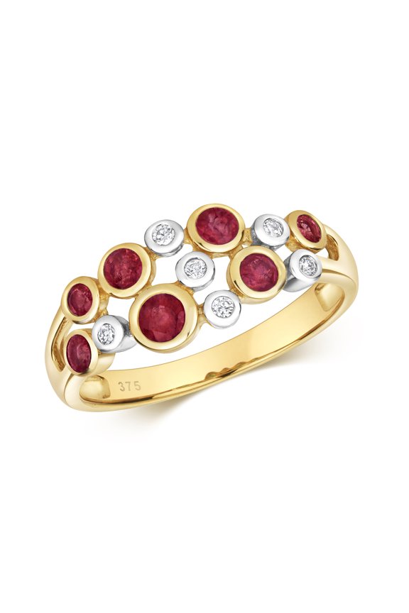 Stunning 9k Gold Women Diamond Ring Brilliant Cut 0.06 Carat HI - I1 with Ruby