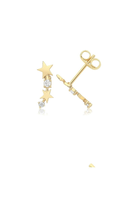 Stunning 9k Gold Women Star Stud Earrings with Cubic Zirconia/CZ - 11mm*4mm
