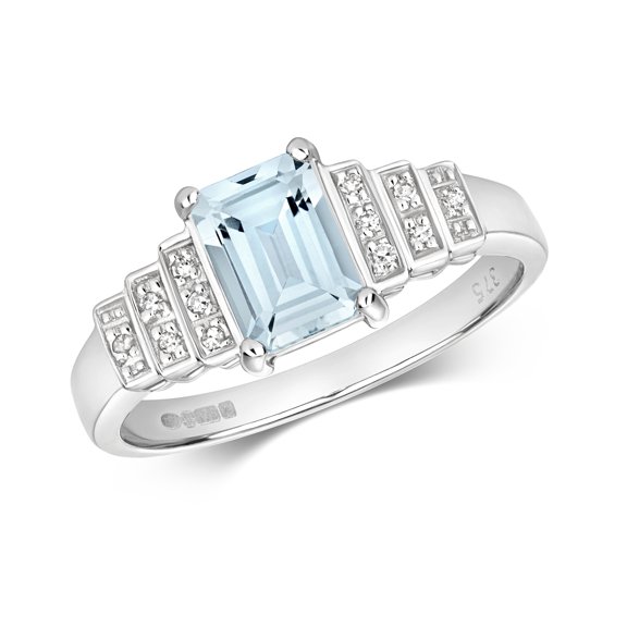 Stunning 9k White Gold Women Diamond Ring Brilliant Cut H - PK with Aquamarine
