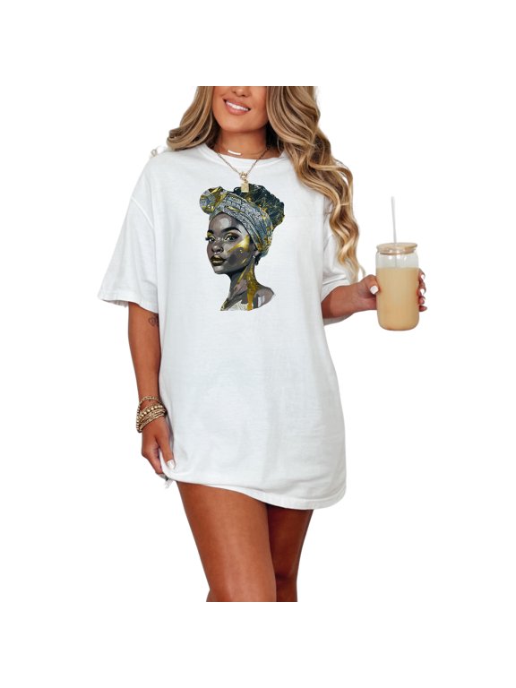 Stunning African Queen T-shirt, Unique Afrocentric Art Tee, Elegant Woman Design, Gold Accents, Perfect Gift for Her, Artistic Graphic Tee, White Comfort Colors T-Shirt, XL