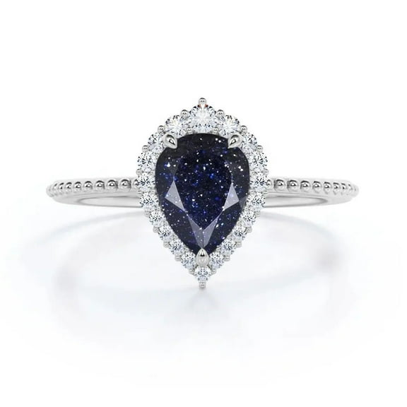 Stunning Antique 1.25 Carat Pear Cut Lab-Created Blue Sandstone & Diamond Halo Engagement Ring in 925 Sterling Silver – Timeless Elegance for Her