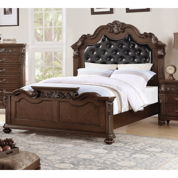 Queen Size Wooden Platform Bed Frame with Antique Cherry Finish, No Box Spring Needed, for Bedroom