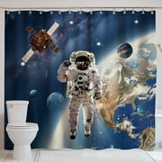 Stunning Astronaut Adventure Shower Curtain Explore the Cosmos with Hyper Realistic Art Planets Stars and Floating Satellites Transform Your Bathroom into a Galactic Oasis