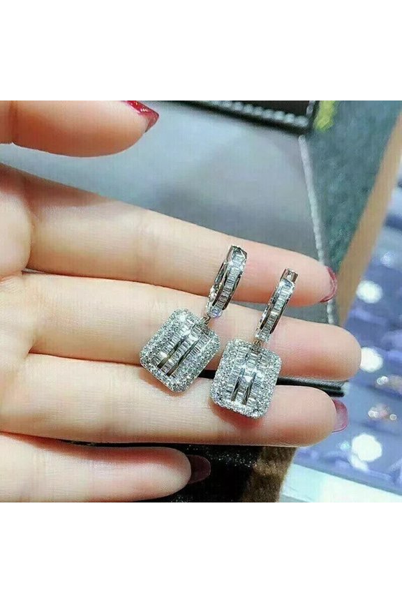 Stunning Baguette Cut Diamond Drop Earrings In 14k White Gold Plated