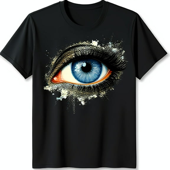 Stunning Black T-Shirt with Captivating Woman's Eye Graphic & Colorful Abstract Design
