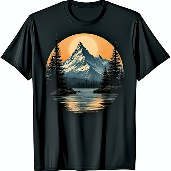 Stunning Black T-Shirt with Circular Mountain Range and Sunset Graphic