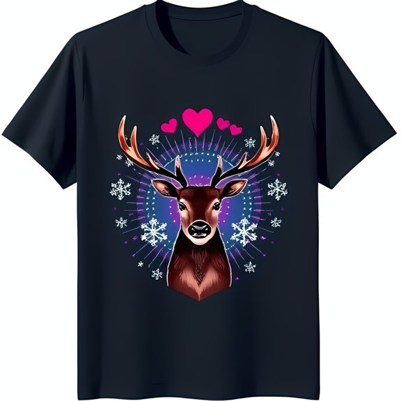 Stunning Black T-Shirt with Deer Graphic Heart & Festive Snowflakes Design