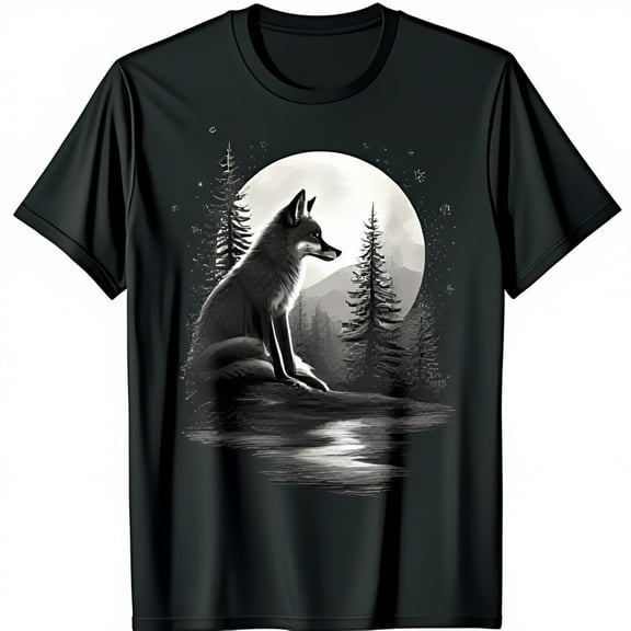 Stunning Black T-Shirt with Fox Graphic Against Full Moon & Forest