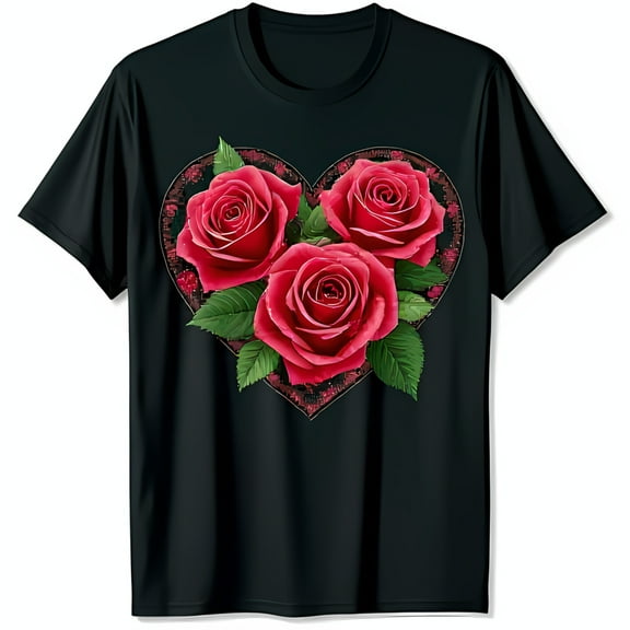 Stunning Black T-Shirt with Heart Shaped Floral Graphic Vibrant Red Roses & Green Leaves