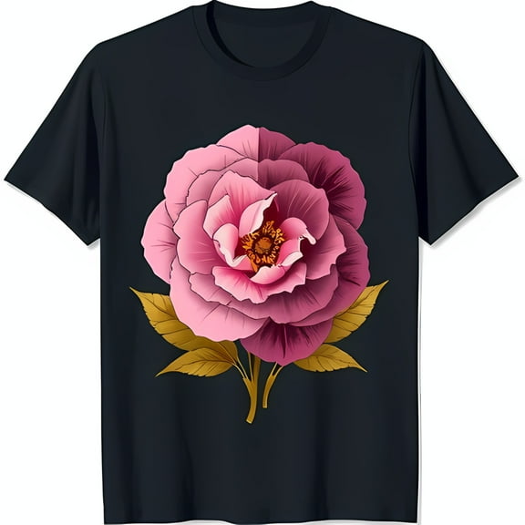 Stunning Black T-Shirt with Large Pink Flower Graphic Eye Catching Design