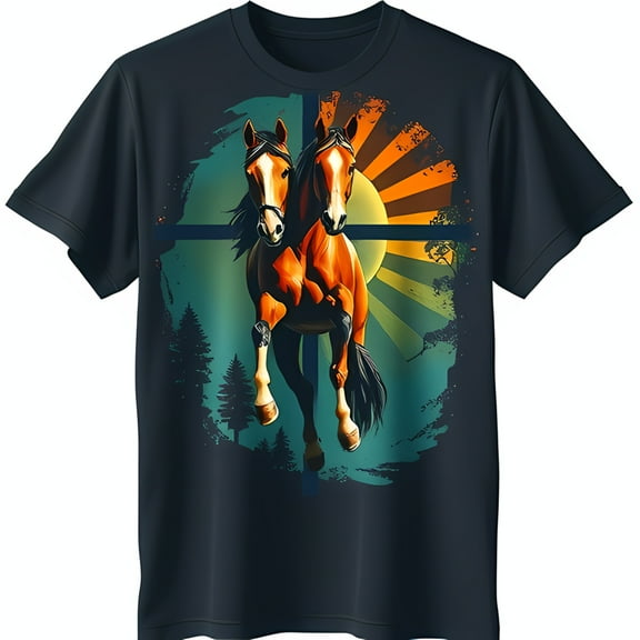 Stunning Black T-Shirt with Majestic Horses Running in Sunset Design