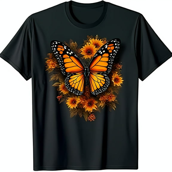 Stunning Black T-Shirt with Monarch Butterfly & Yellow Flowers Graphic