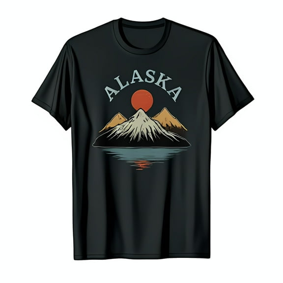 Stunning Black T-Shirt with Mountain Sunset Graphic ALASKA Design