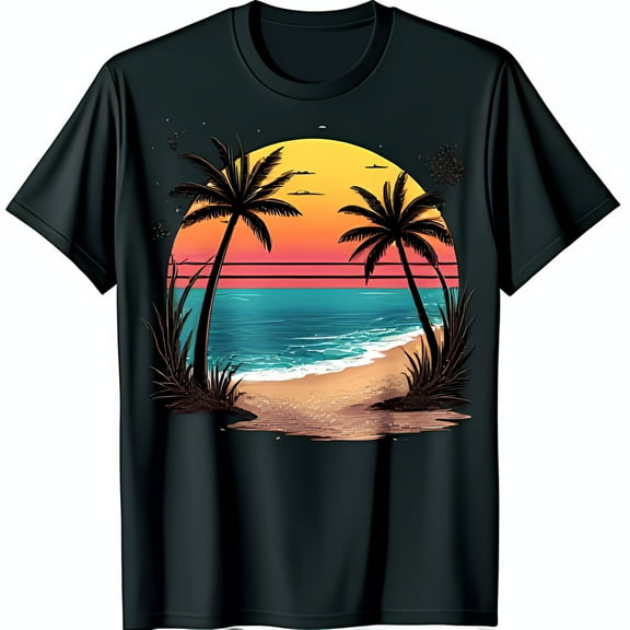 Stunning Black T-Shirt with Sunset Beach Scene Graphic Tropical Paradise Vibe