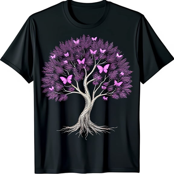 Stunning Black T-Shirt with Tree and Pink Butterflies Graphic Design