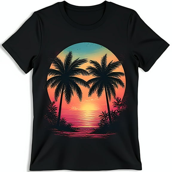 Stunning Black T-Shirt with Tropical Sunset Tree Graphic Design