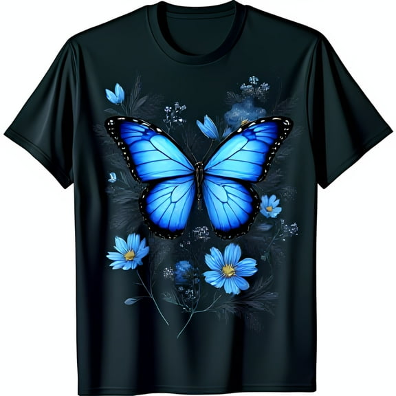 Stunning Black T-Shirt with Vibrant Blue Morpho Butterfly & Wildflowers Graphic