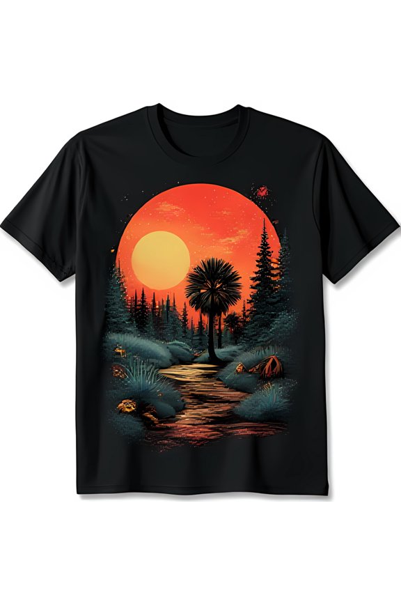 Stunning Black T-Shirt with Vibrant Sunset Forest Graphic & Tree Design