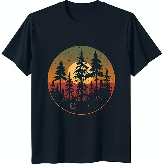 Stunning Black T-Shirt with Vibrant Sunset Graphic and Tree Design