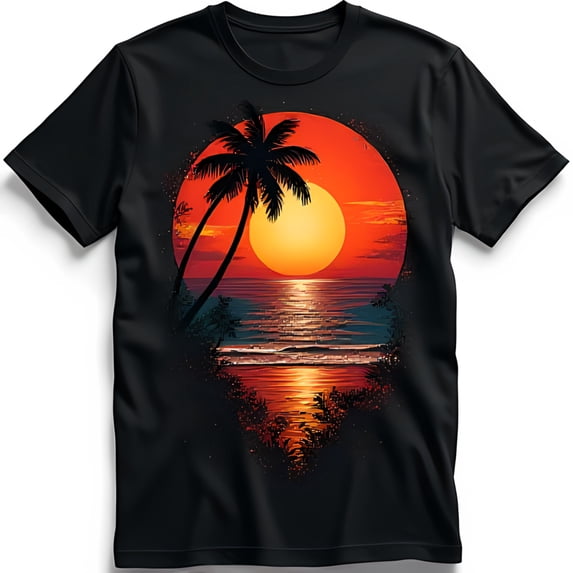 Stunning Black T-Shirt with Vibrant Sunset Tree Graphic Design