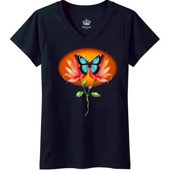 Stunning Black V Neck T-Shirt with Blue Butterfly & Pink Flowers Graphic