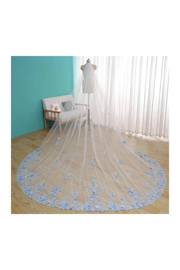 Stunning Blue 3D Floral Bridal Veil with Comb - Cathedral Length Luxury Wedding Accessory for Brides