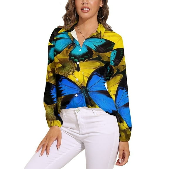 Stunning Blue Butterfly On Sunflowers Long Sleeve Blouse Woman Streetwear Casual Shirts Summer Oversize Woman Streetwear Clothing Birthday Present