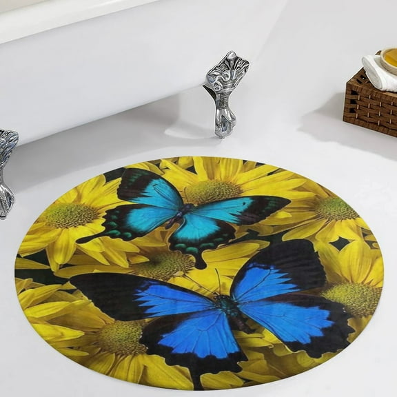 Stunning Blue Butterfly On Sunflowers Round Carpet Circle Rug Outdoor Patio Area Rug Washable Large Area Rugs Hallway Room Decor Fitness Mats