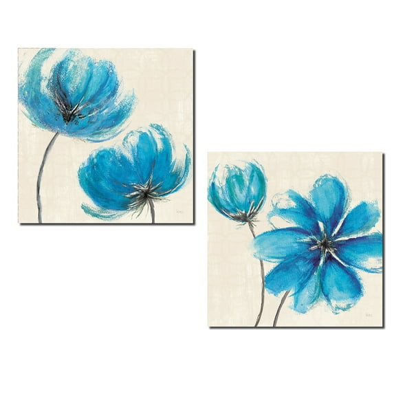 Stunning Blue and Cream Bloming Flower Print Set by Veronique Charron; Floral Decor; Two 12x12in Poster Prints