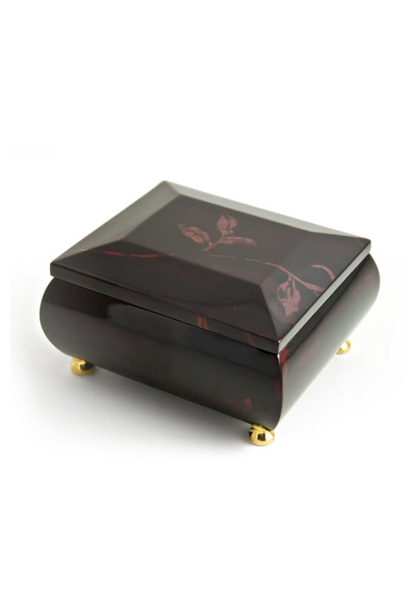 Stunning Burgundy Beveled Top Music Jewelry Box With Artistic Floral Motif - Are You Lonesome Tonight
