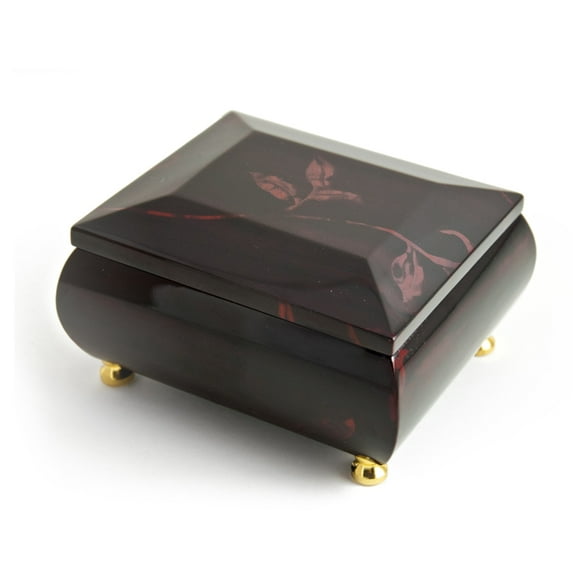 Stunning Burgundy Beveled Top Music Jewelry Box With Artistic Floral Motif - Are You Lonesome Tonight
