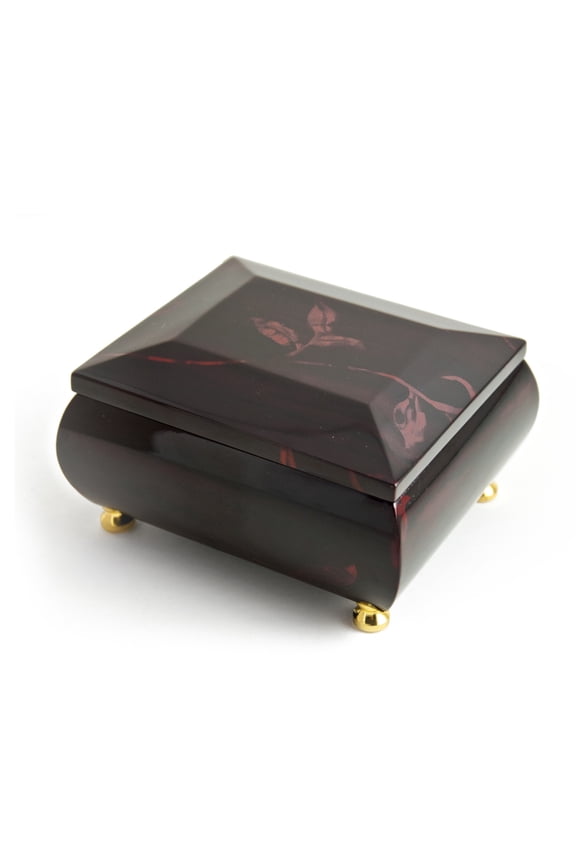 Stunning Burgundy Beveled Top Music Jewelry Box With Artistic Floral Motif - Diamond's Are A Girls Best Friend