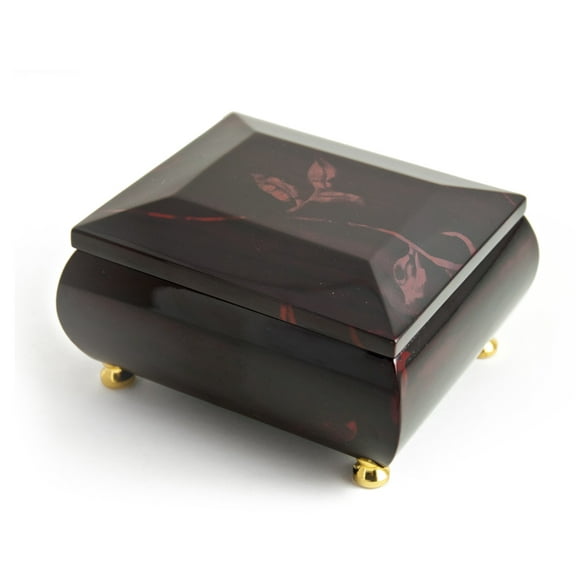 Stunning Burgundy Beveled Top Music Jewelry Box With Artistic Floral Motif - Oh What a Merry Christmas Day