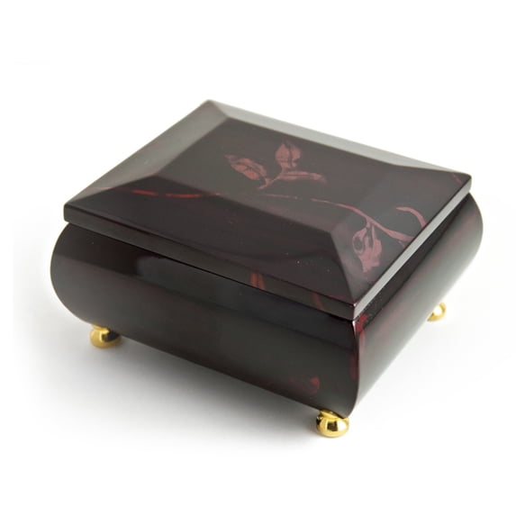 Stunning Burgundy Beveled Top Music Jewelry Box With Artistic Floral Motif - Pearly Shells