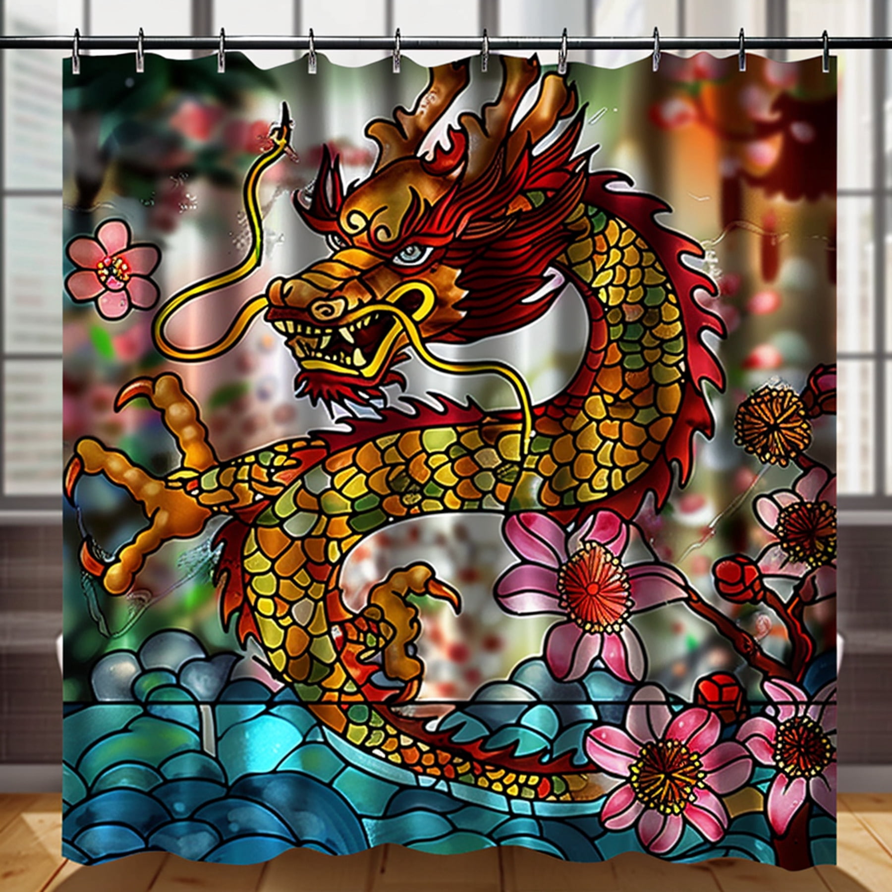 Stunning Chinese Dragon & Cherry Blossom Stained Glass Shower Curtain