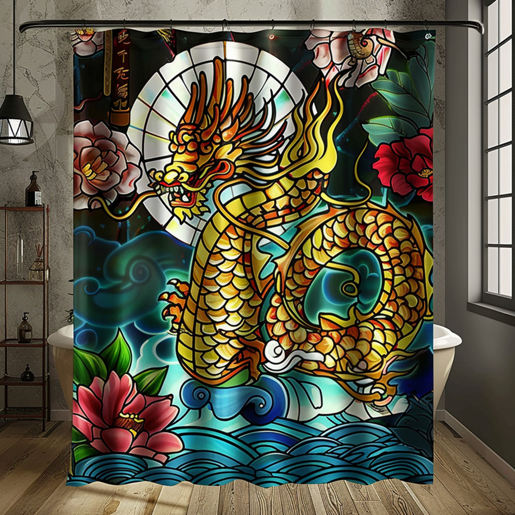 Stunning Chinese Dragon Stained Glass Shower Curtain Floral Water