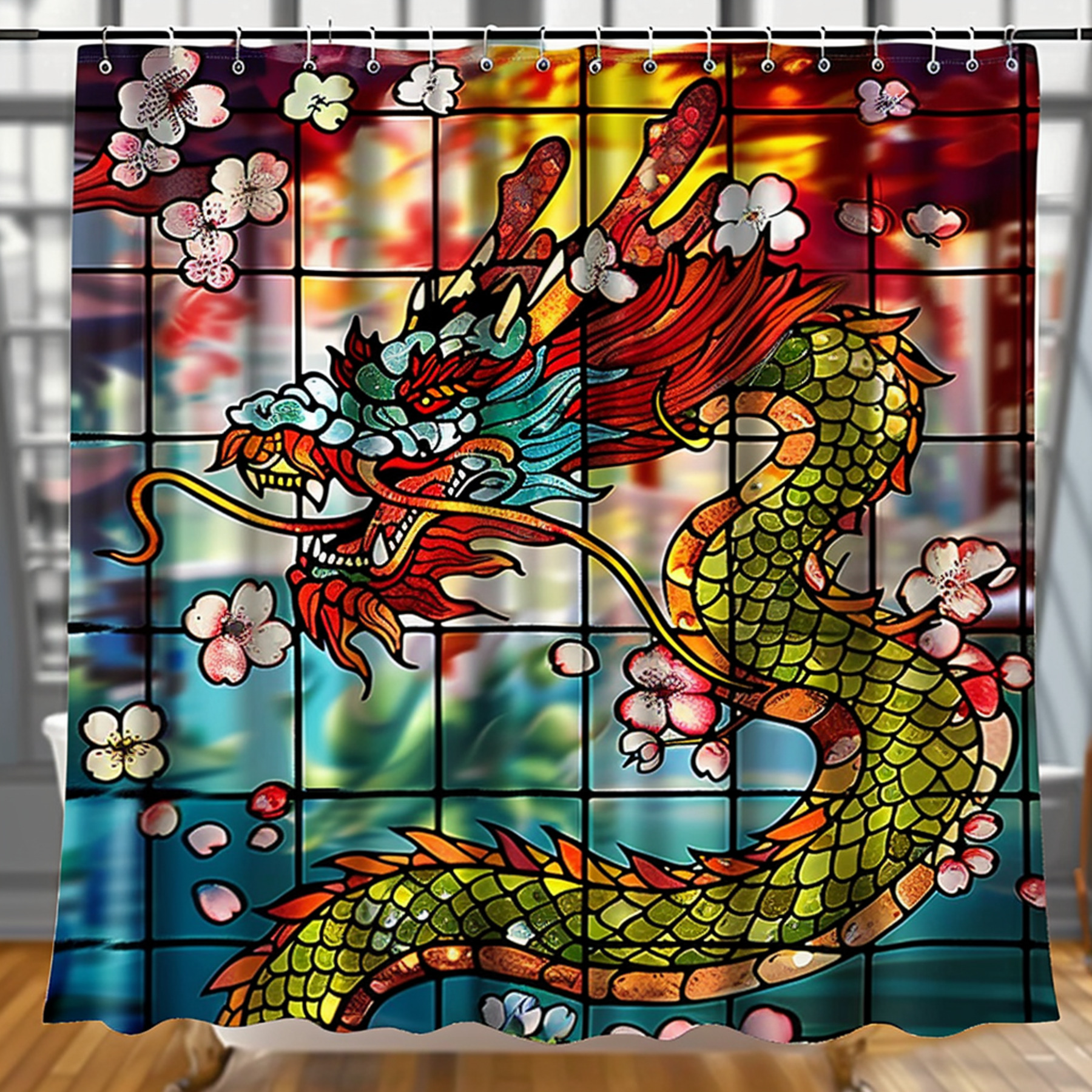 Stunning Chinese Dragon and Cherry Blossom Stained Glass Shower Curtain