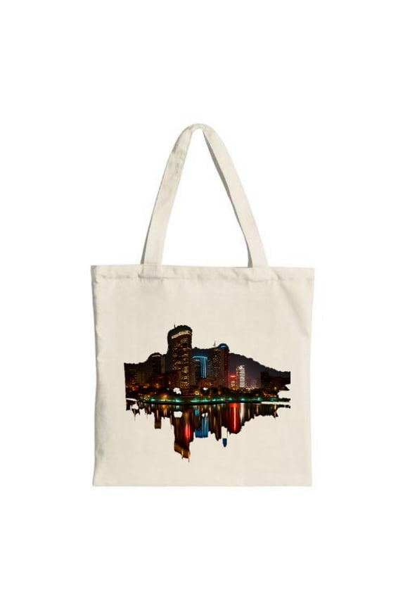 Stunning City Skyline Tote Bag - Night Reflection Design Colorful Illuminated Buildings Perfect for Shopping Travel & Parties