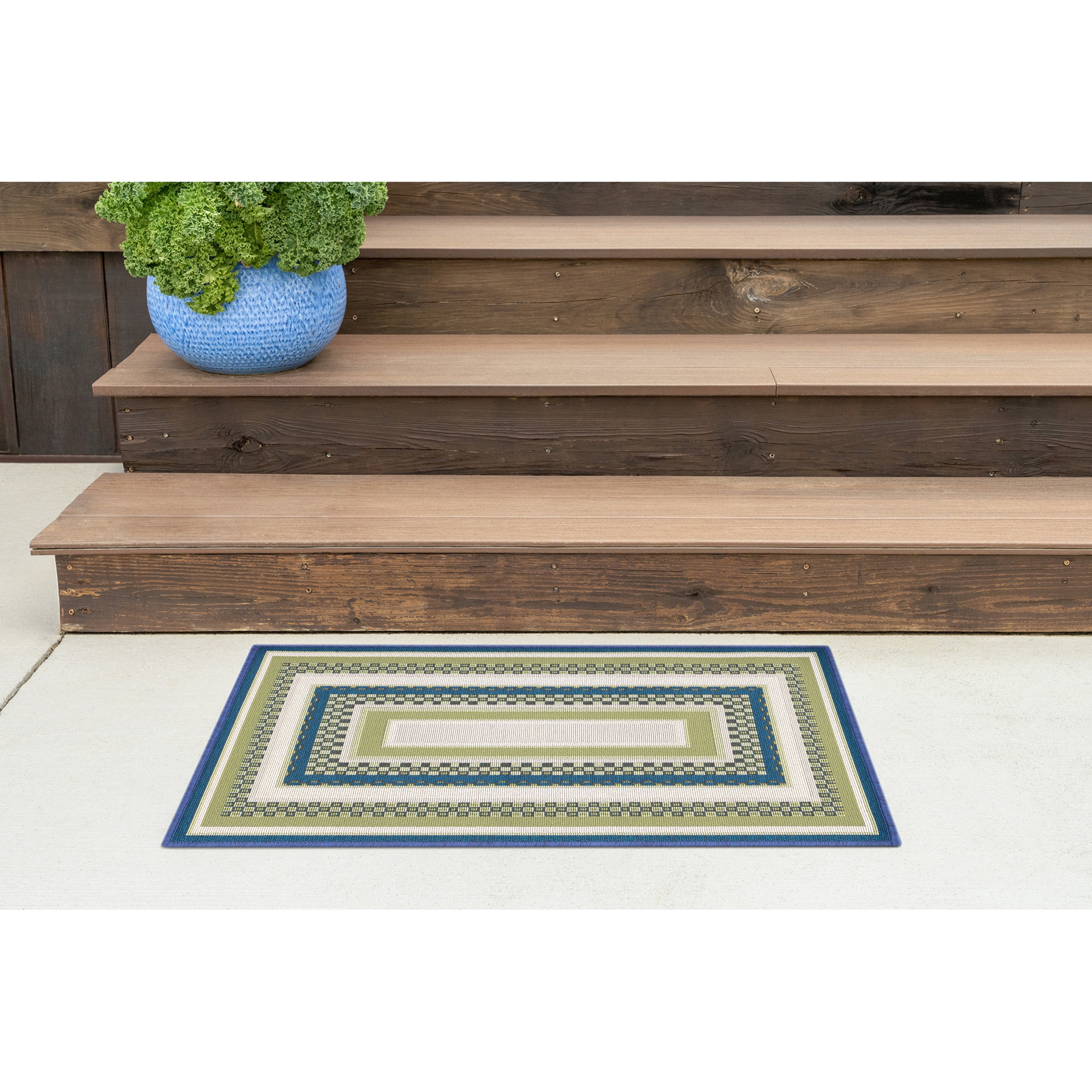 Stunning Contemporary 2' x 3' Green and Blue Polypropylene Outdoor Area Rug