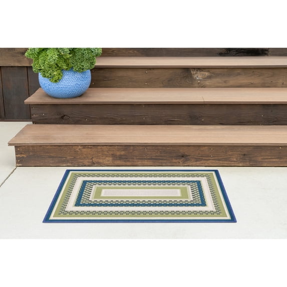 Stunning Contemporary 2' x 3' Green and Blue Polypropylene Outdoor Area Rug