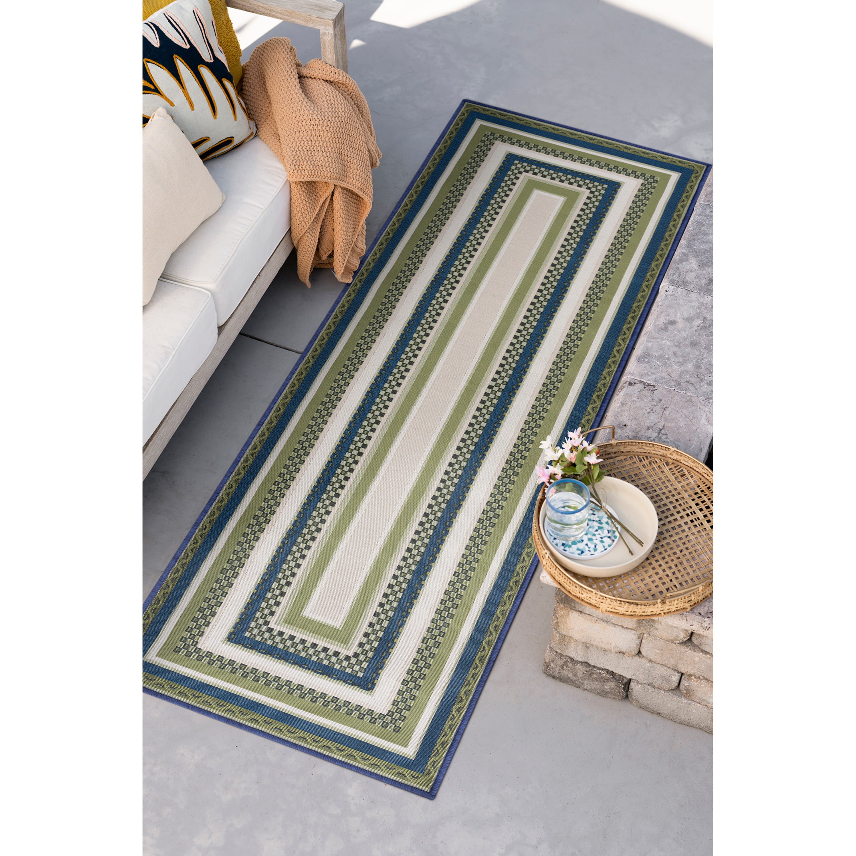 Stunning Contemporary 2' x 7' Green and Blue Polypropylene Outdoor Area Rug