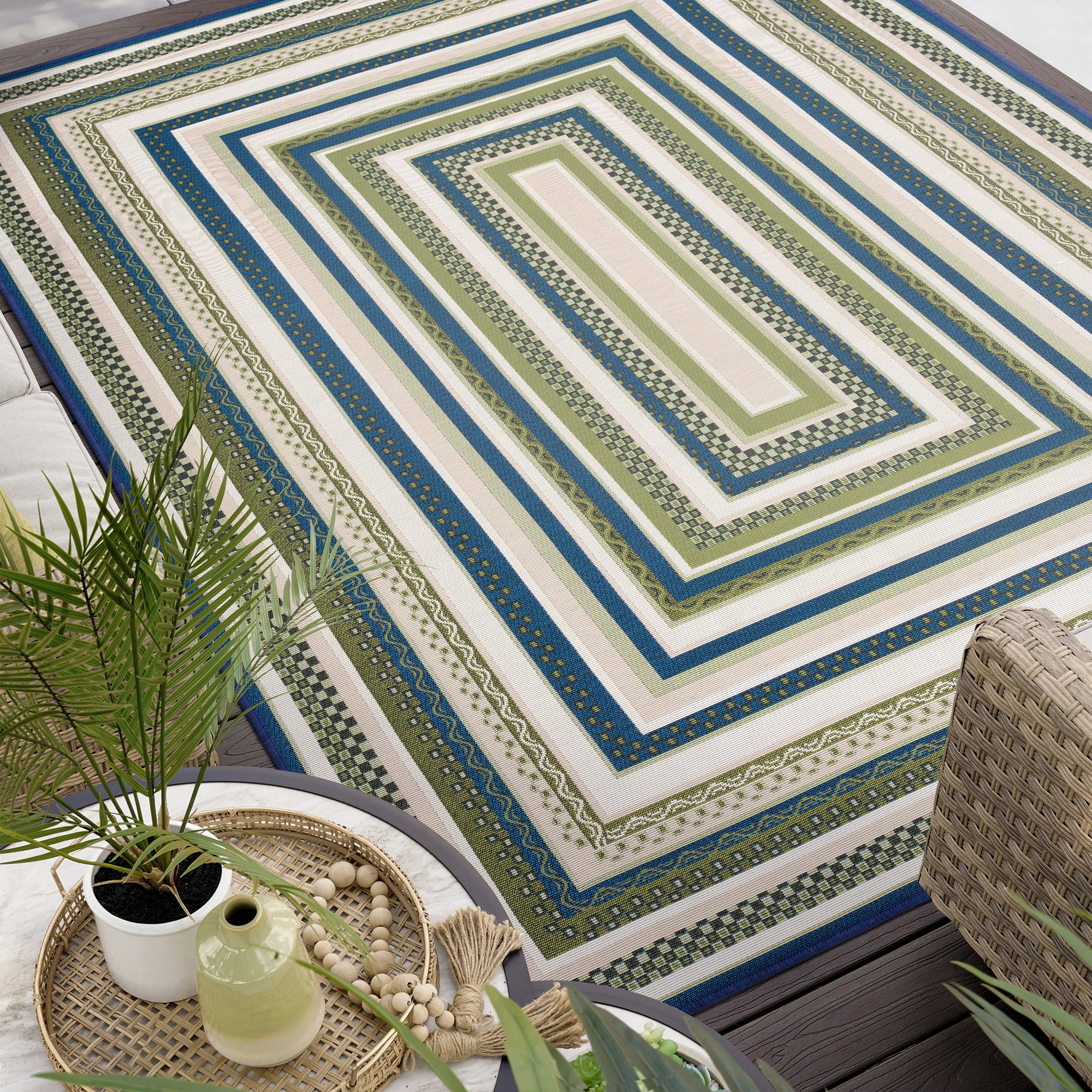 Stunning Contemporary 9' x 12' Green and Blue Polypropylene Outdoor Area Rug