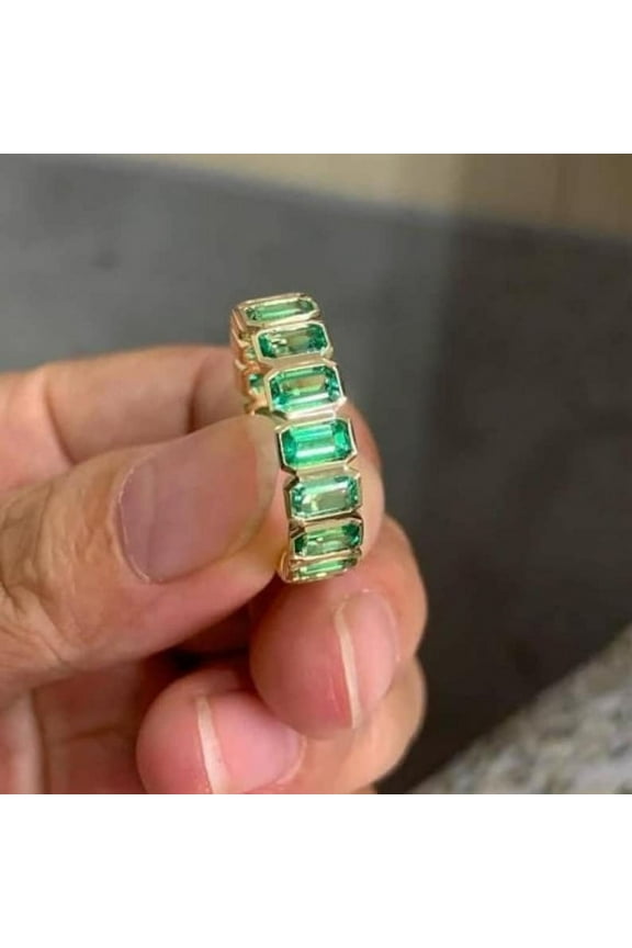 Stunning Created Emerald Octagon-Cut Vibrant Green Gemstone Band Full Eternity Ring 925 Sterling Silver Elegant Green Diamond-Inspired Gift for Women White Gold 4.5