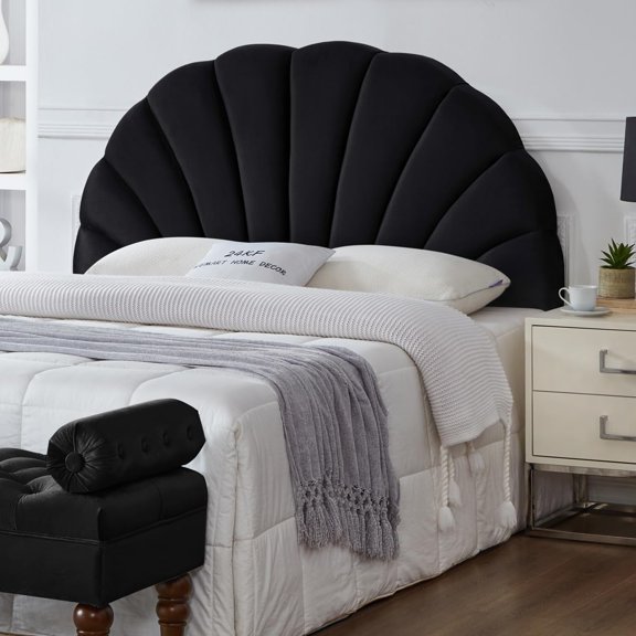 Stunning Crown Design Queen Headboard, Upholstered Soft Velvet Petal Pattern Headboard Queen/Full, 6039-Q-Black