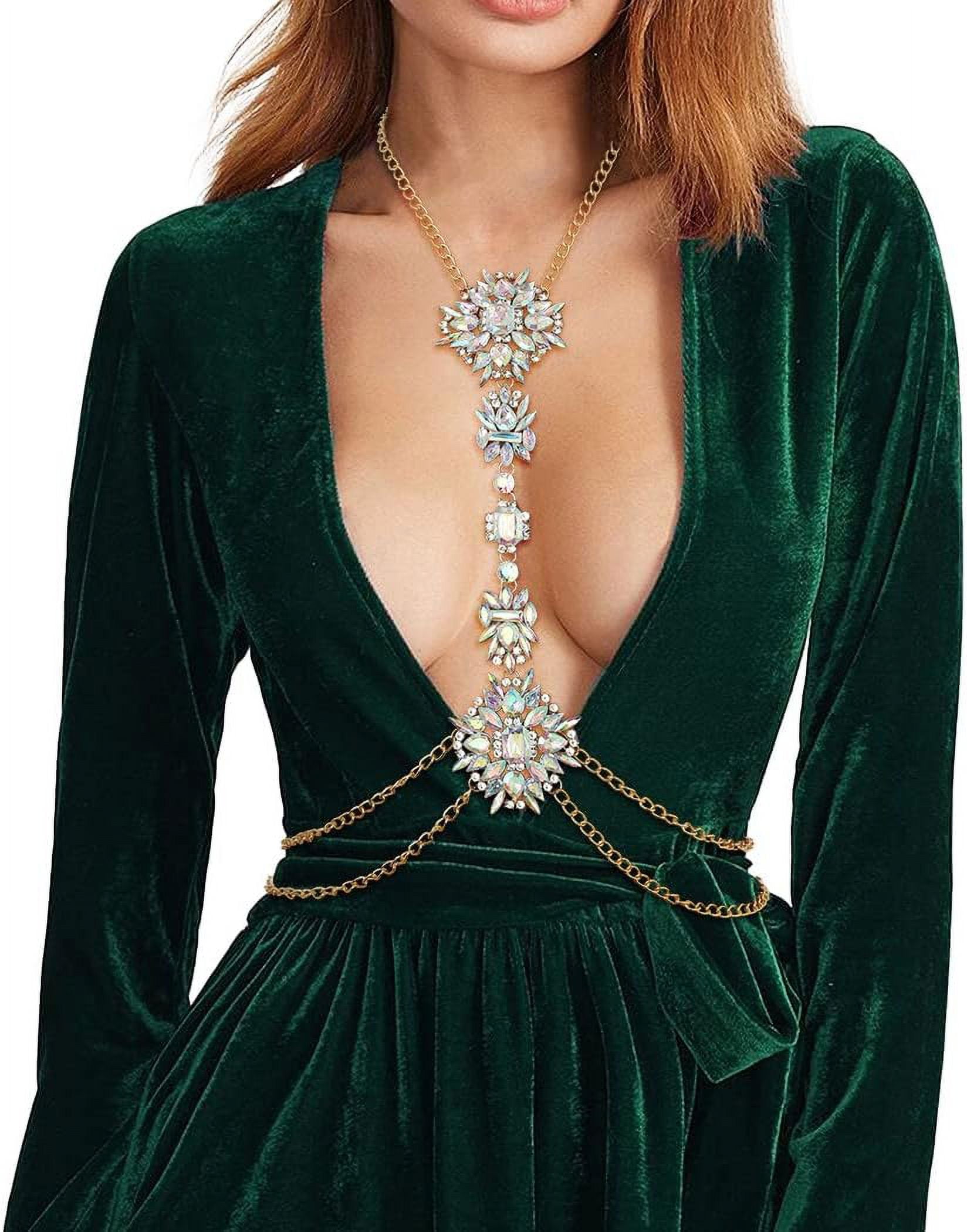 Luxury Crystal Hollow Chest Chain Jewelry Rhinestone Necklace Body Jewelry  Dress