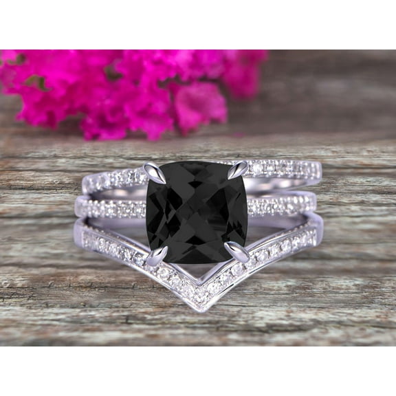 Stunning Cushion Cut Black Diamond Moissanite Engagement Ring On 10k White Gold V Shape Wedding Band 3pcs Wedding Ring Set Total Carat Weight 2.80